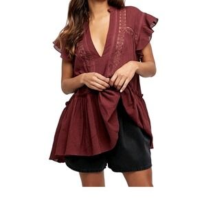 Free People Baby Blues Burgundy Ruffle Sleeve Peasant Tunic Top XS Oversized